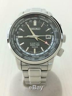 Seiko 5M85-0AF0 GMT Stainless Steel World Time Kinetic Mens Watch Auth Works