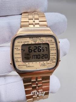 Seiko A708-5000 Vintage World Time GMT Gold-Tone Digital LCD Japan 1980s