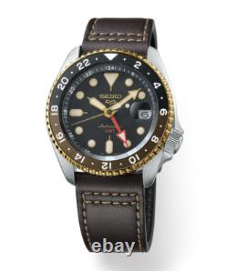 Seiko Men's 5 Sports Automatic GMT 42.5mm Black Dial Leather Strap Watch SSK036