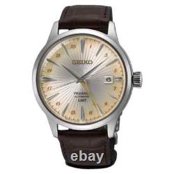 Seiko Mens Presage GMT Cream Dial Cocktail Time Brown Leather Band Watch SSK041
