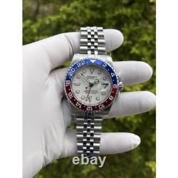 Seiko NH34 Automatic GMT MOD Watch 40mm White Dial Red Blue Bezel Steel 5ATM