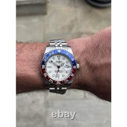 Seiko NH34 Automatic GMT MOD Watch 40mm White Dial Red Blue Bezel Steel 5ATM