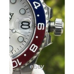 Seiko NH34 Automatic GMT MOD Watch 40mm White Dial Red Blue Bezel Steel 5ATM
