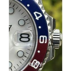 Seiko NH34 Automatic GMT MOD Watch 40mm White Dial Red Blue Bezel Steel 5ATM