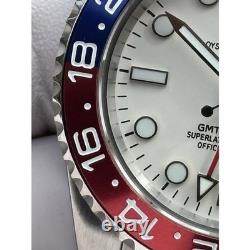 Seiko NH34 Automatic GMT MOD Watch 40mm White Dial Red Blue Bezel Steel 5ATM