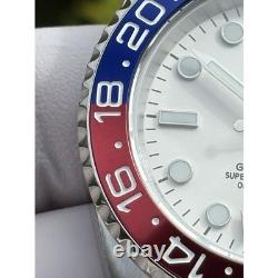 Seiko NH34 Automatic GMT MOD Watch 40mm White Dial Red Blue Bezel Steel 5ATM