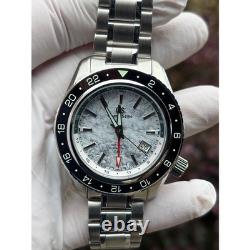 Seiko NH34 MOD Watch 44mm Automatic GMT White Dial 24hr Black Sapphire Bezel