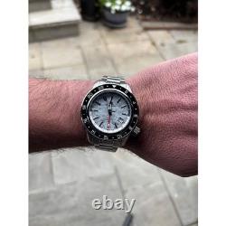 Seiko NH34 MOD Watch 44mm Automatic GMT White Dial 24hr Black Sapphire Bezel