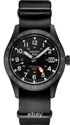 Seiko SSK025 5 Sports Field GMT 39mm Watch Black Dial and Leather Band