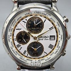 Seiko World Time Watch Men 40mm White Dial Silver Tone Date Alarm Round SPL055