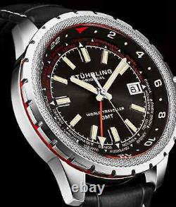 Stuhrling 1014 01 World Traveler Quartz GMT Date Leather Mens Watch