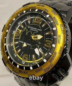 Stuhrling Prestige Marine GMT 50mm Black/Goldtn LE#128/200 Swiss Qtz Mens Watch