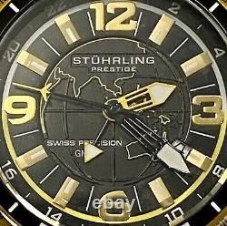 Stuhrling Prestige Marine GMT 50mm Black/Goldtn LE#128/200 Swiss Qtz Mens Watch