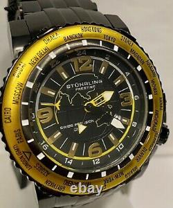 Stuhrling Prestige Marine GMT 50mm Black/Goldtn LE#128/200 Swiss Qtz Mens Watch