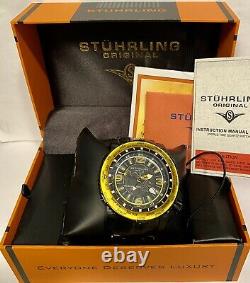 Stuhrling Prestige Marine GMT 50mm Black/Goldtn LE#128/200 Swiss Qtz Mens Watch