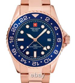 Swiss Alpine Military Rose Gold Blue Dial GMT Men's Watch Swiss Made 7052.1165