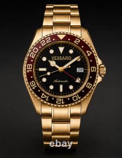 Vessaro Automatic GMT Style Watch Gold Burgundy Bezel Black Dial Steel 40mm