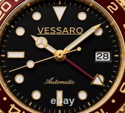 Vessaro Automatic GMT Style Watch Gold Burgundy Bezel Black Dial Steel 40mm