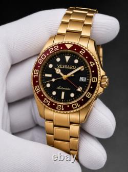 Vessaro Automatic GMT Style Watch Gold Burgundy Bezel Black Dial Steel 40mm