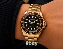 Vessaro Automatic GMT Style Watch Gold Burgundy Bezel Black Dial Steel 40mm