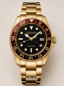 Vessaro Automatic GMT Style Watch Gold Burgundy Bezel Black Dial Steel 40mm