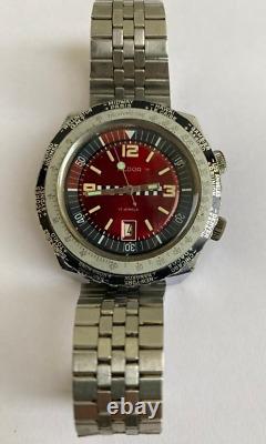 Vintage 1970s Men's Aldor GMT World Time 17 Jewels Date Red Dial 42mm Watch