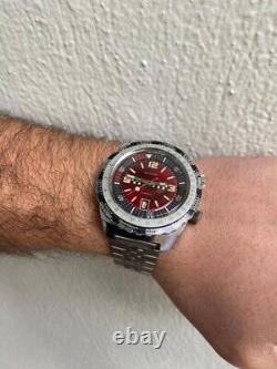 Vintage 1970s Men's Aldor GMT World Time 17 Jewels Date Red Dial 42mm Watch