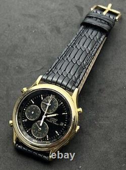 Vintage 1990 SEIKO GMT World Timer Mens 38mm Quartz Watch Gold Alarm Date Chrono