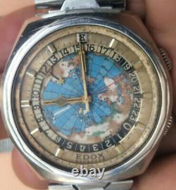 Vintage Edox Geoscope Automatic World Time 24 Hour Map Dial Swiss 2774 See Video