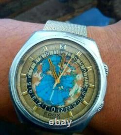 Vintage Edox Geoscope Automatic World Time 24 Hour Map Dial Swiss 2774 See Video