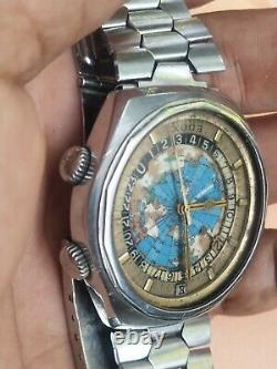 Vintage Edox Geoscope Automatic World Time 24 Hour Map Dial Swiss 2774 See Video