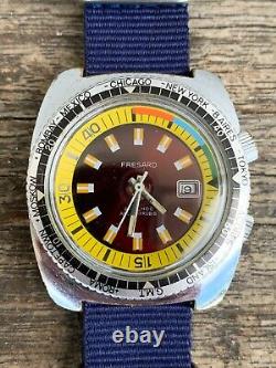 Vintage FRESARD Ruby Dial World time 40mm Diver Watch with Tritium Lume