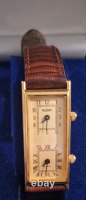 Vintage Luxury Gold Plated Tank Ladies Men's Dual Time Gmt Quartz Watch Medana
