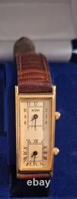 Vintage Luxury Gold Plated Tank Ladies Men's Dual Time Gmt Quartz Watch Medana