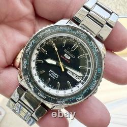 Vintage SEIKO 5 Sports Automatic Watch NH36A World Time Black Day Date GMT RUNS