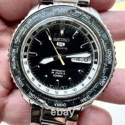 Vintage SEIKO 5 Sports Automatic Watch NH36A World Time Black Day Date GMT RUNS