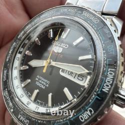 Vintage SEIKO 5 Sports Automatic Watch NH36A World Time Black Day Date GMT RUNS