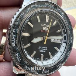 Vintage SEIKO 5 Sports Automatic Watch NH36A World Time Black Day Date GMT RUNS