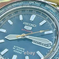 Vintage SEIKO 5 Sports Automatic Watch NH36A World Time Black Day Date GMT RUNS