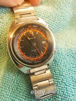 Vintage Seiko World Time 6117-6400 Beautiful Charcoal Linen and Orange Dial