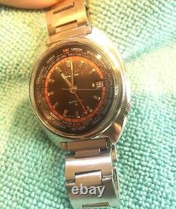 Vintage Seiko World Time 6117-6400 Beautiful Charcoal Linen and Orange Dial
