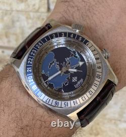 Vintage Zodiac Desert Master Zo7000 World Time Gmt Blue Dial Men Watch 44mm Rare