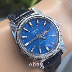 Vintage swiss 100 men's automatic watch day/date GMT Blue dial 1970s