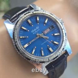 Vintage swiss 100 men's automatic watch day/date GMT Blue dial 1970s