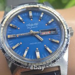 Vintage swiss 100 men's automatic watch day/date GMT Blue dial 1970s