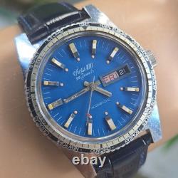 Vintage swiss 100 men's automatic watch day/date GMT Blue dial 1970s