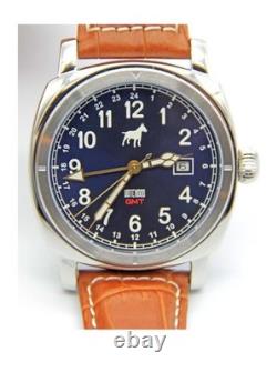 Watchdog GMT Mens Swiss Quartz GMT Date Blue Dial Brown Leather Strap