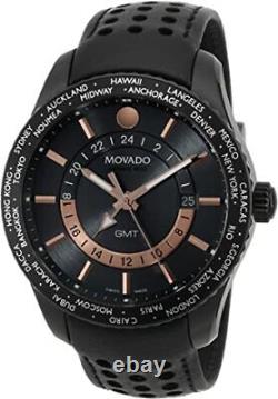 Without tags MOVADO SERIES 800 GMT WORLD DUAL TIME BLACK LEATHER STRAP